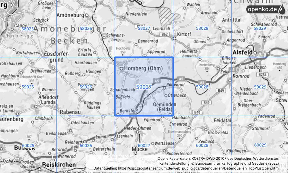 Übersichtskarte KOSTRA-DWD-2010R Rasterfeld Nr. 59027 mit angrenzenden Feldern