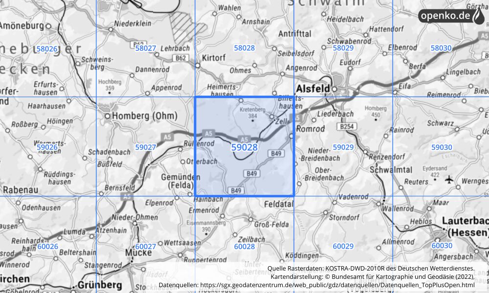 Übersichtskarte KOSTRA-DWD-2010R Rasterfeld Nr. 59028 mit angrenzenden Feldern