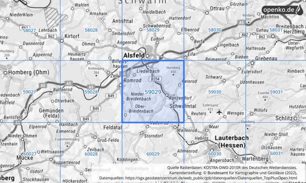 Übersichtskarte KOSTRA-DWD-2010R Rasterfeld Nr. 59029 mit angrenzenden Feldern