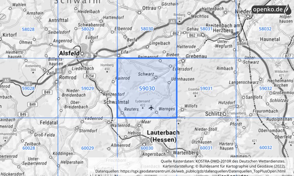 Übersichtskarte KOSTRA-DWD-2010R Rasterfeld Nr. 59030 mit angrenzenden Feldern