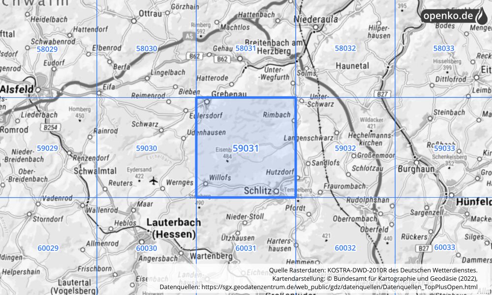 Übersichtskarte KOSTRA-DWD-2010R Rasterfeld Nr. 59031 mit angrenzenden Feldern