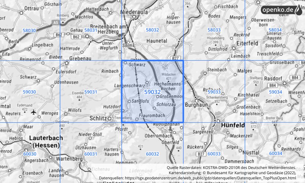 Übersichtskarte KOSTRA-DWD-2010R Rasterfeld Nr. 59032 mit angrenzenden Feldern