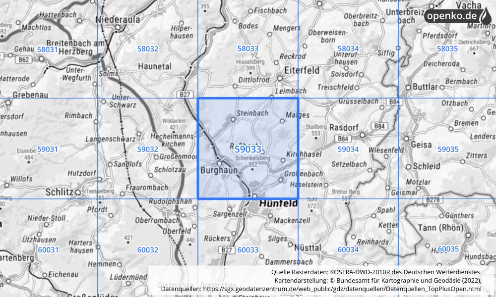 Übersichtskarte KOSTRA-DWD-2010R Rasterfeld Nr. 59033 mit angrenzenden Feldern