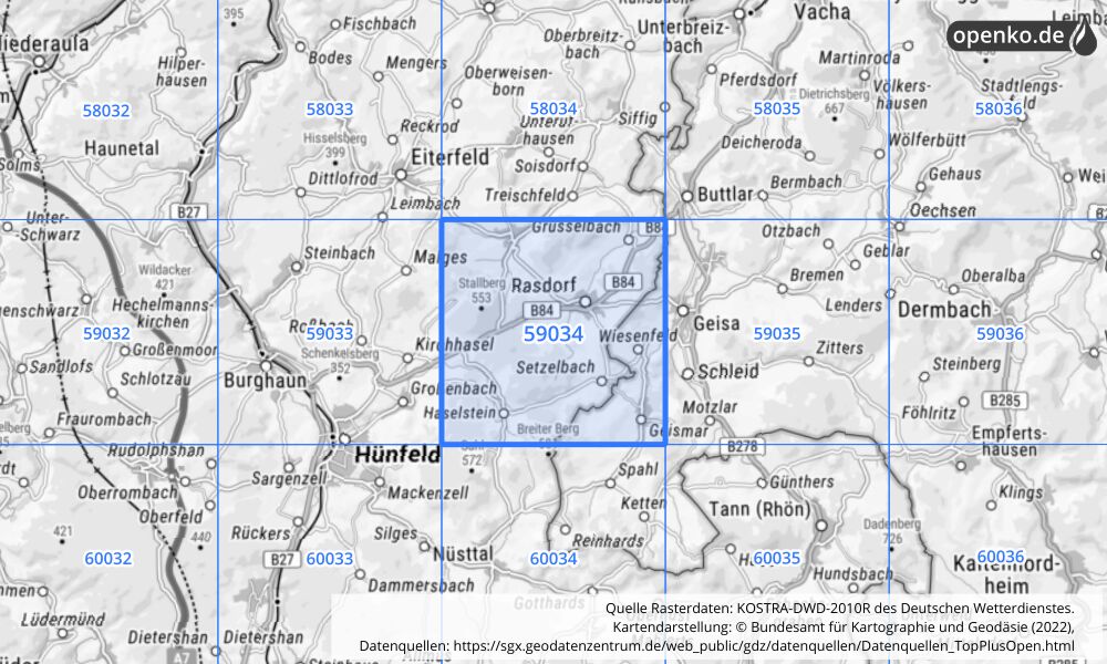 Übersichtskarte KOSTRA-DWD-2010R Rasterfeld Nr. 59034 mit angrenzenden Feldern