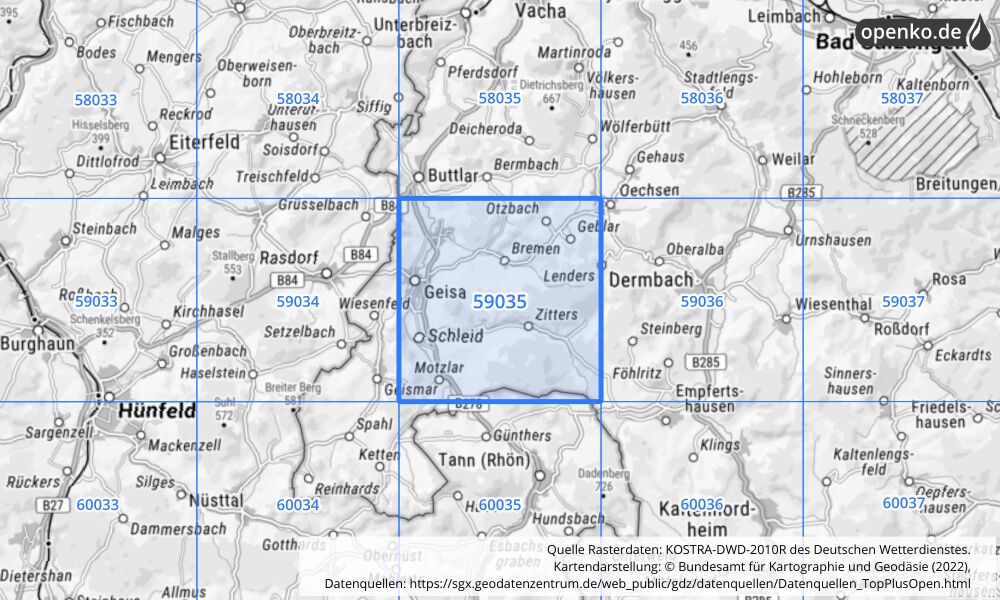 Übersichtskarte KOSTRA-DWD-2010R Rasterfeld Nr. 59035 mit angrenzenden Feldern