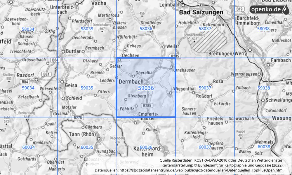 Übersichtskarte KOSTRA-DWD-2010R Rasterfeld Nr. 59036 mit angrenzenden Feldern