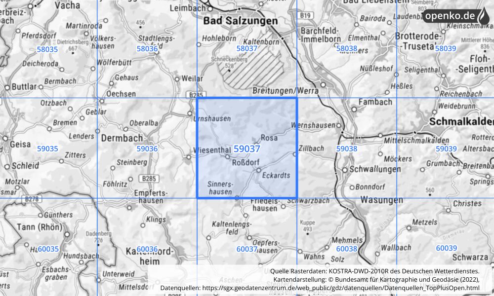 Übersichtskarte KOSTRA-DWD-2010R Rasterfeld Nr. 59037 mit angrenzenden Feldern