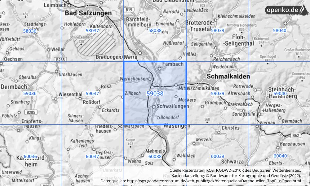 Übersichtskarte KOSTRA-DWD-2010R Rasterfeld Nr. 59038 mit angrenzenden Feldern