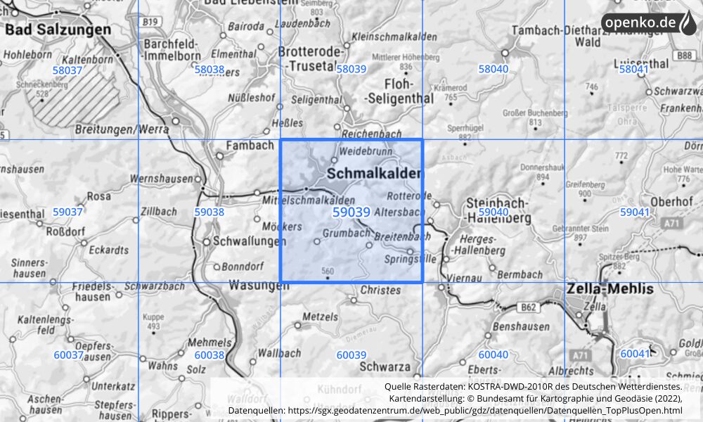 Übersichtskarte KOSTRA-DWD-2010R Rasterfeld Nr. 59039 mit angrenzenden Feldern