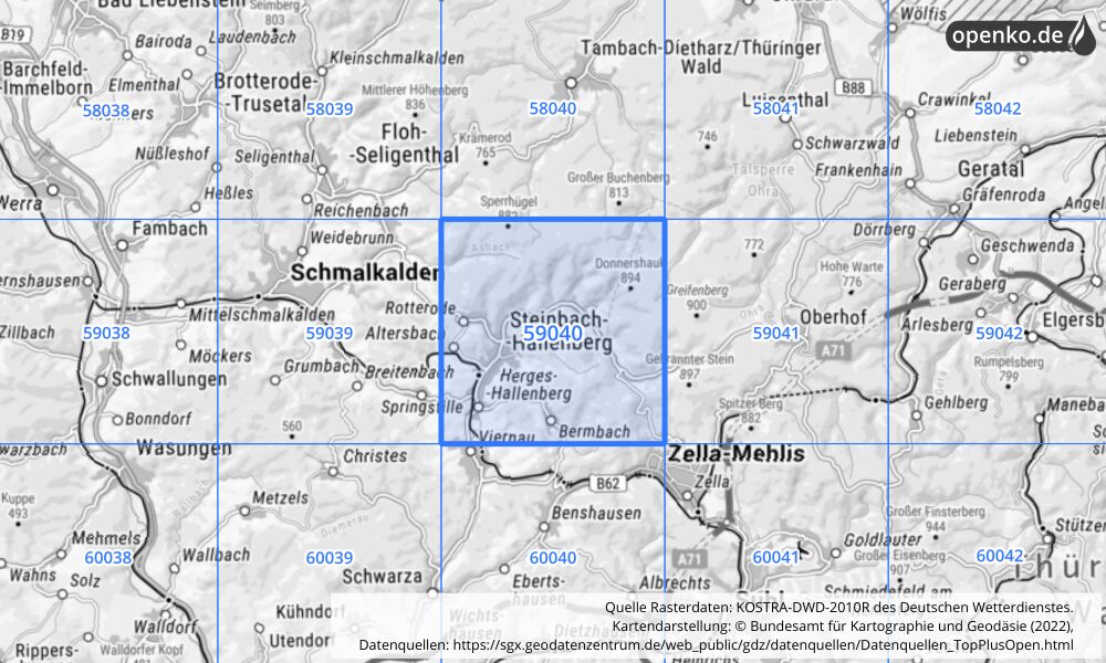 Übersichtskarte KOSTRA-DWD-2010R Rasterfeld Nr. 59040 mit angrenzenden Feldern