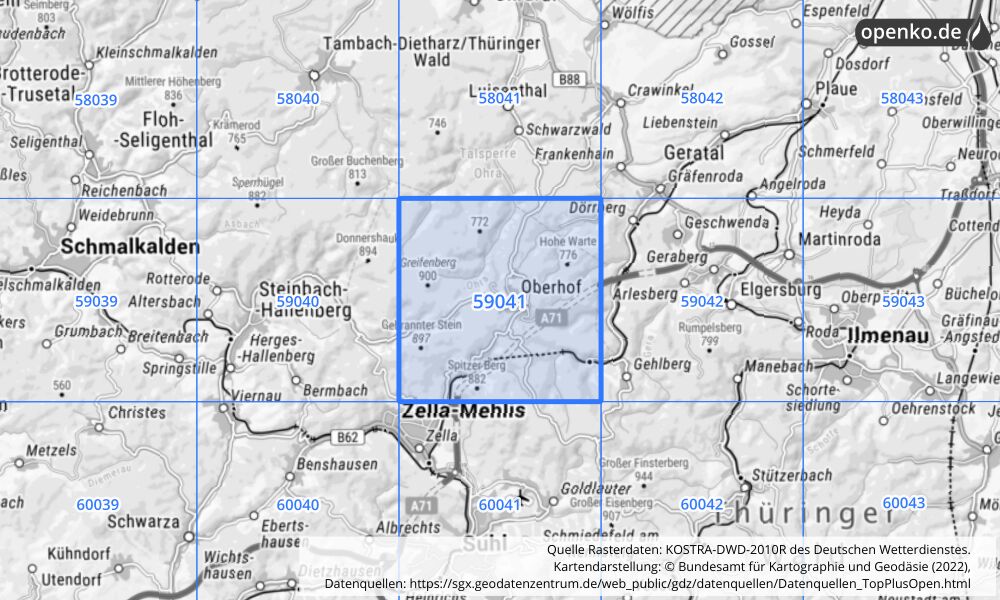 Übersichtskarte KOSTRA-DWD-2010R Rasterfeld Nr. 59041 mit angrenzenden Feldern
