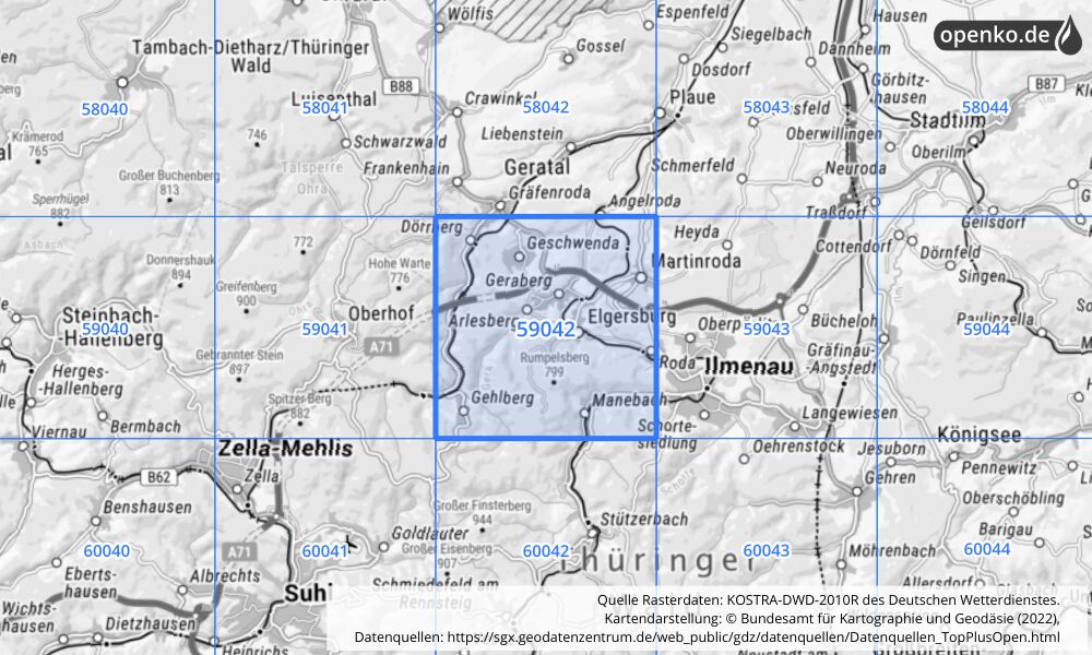 Übersichtskarte KOSTRA-DWD-2010R Rasterfeld Nr. 59042 mit angrenzenden Feldern