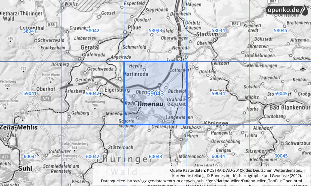 Übersichtskarte KOSTRA-DWD-2010R Rasterfeld Nr. 59043 mit angrenzenden Feldern