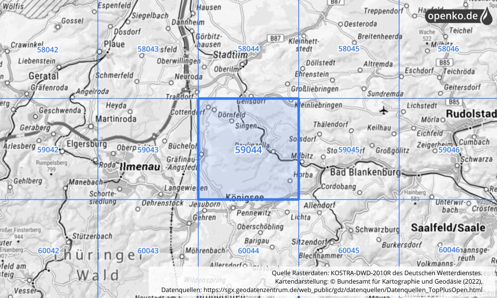 Übersichtskarte KOSTRA-DWD-2010R Rasterfeld Nr. 59044 mit angrenzenden Feldern