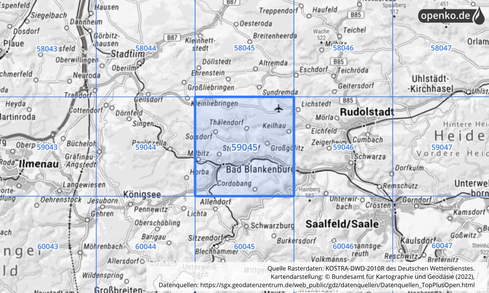 Übersichtskarte KOSTRA-DWD-2010R Rasterfeld Nr. 59045 mit angrenzenden Feldern