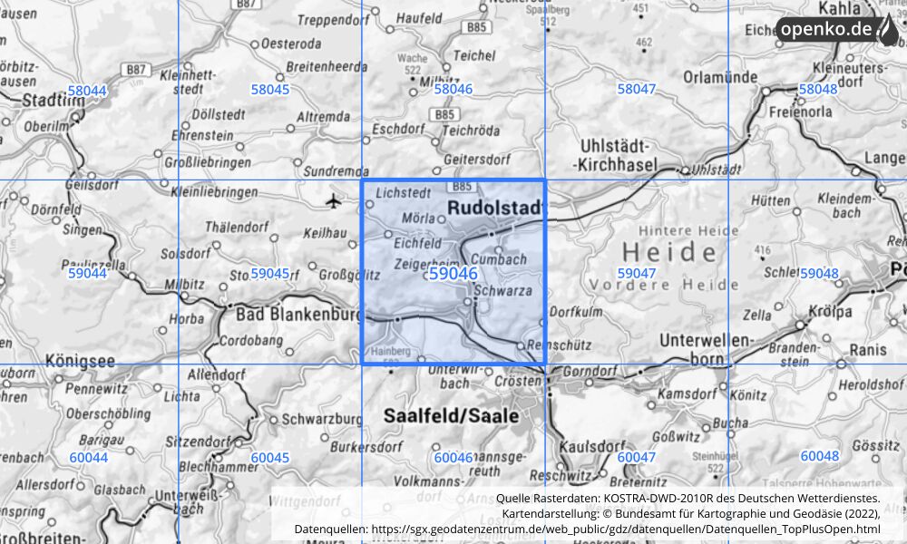 Übersichtskarte KOSTRA-DWD-2010R Rasterfeld Nr. 59046 mit angrenzenden Feldern