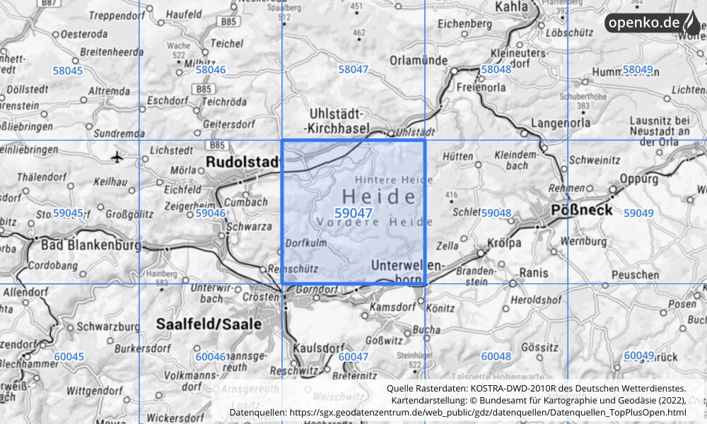 Übersichtskarte KOSTRA-DWD-2010R Rasterfeld Nr. 59047 mit angrenzenden Feldern