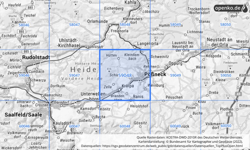 Übersichtskarte KOSTRA-DWD-2010R Rasterfeld Nr. 59048 mit angrenzenden Feldern