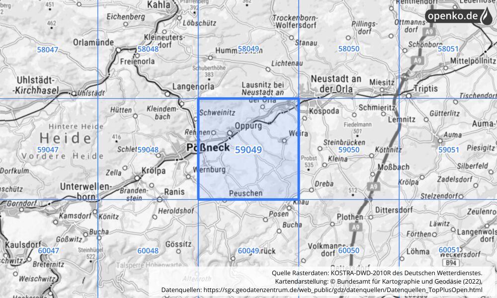 Übersichtskarte KOSTRA-DWD-2010R Rasterfeld Nr. 59049 mit angrenzenden Feldern