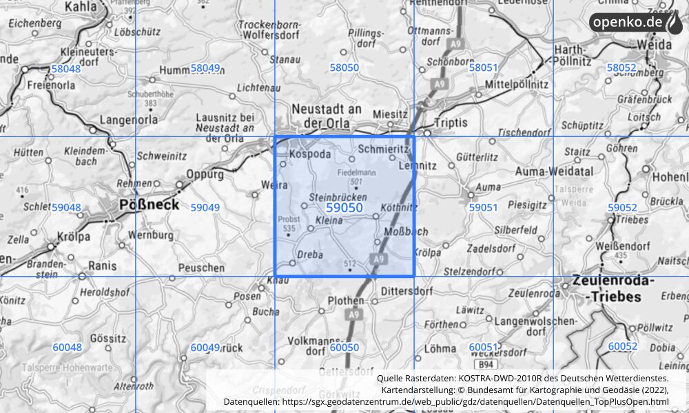 Übersichtskarte KOSTRA-DWD-2010R Rasterfeld Nr. 59050 mit angrenzenden Feldern