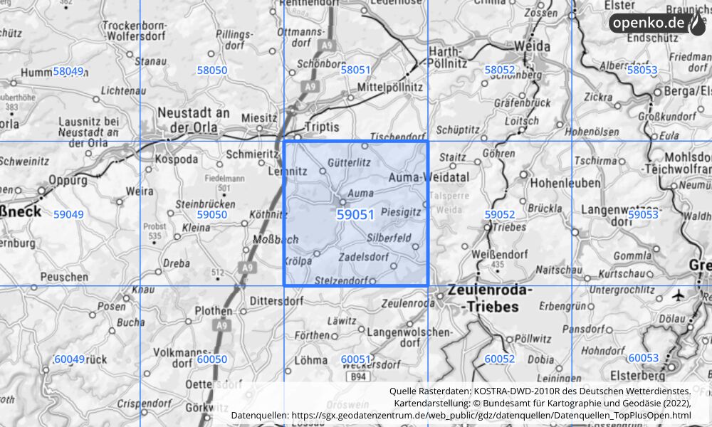Übersichtskarte KOSTRA-DWD-2010R Rasterfeld Nr. 59051 mit angrenzenden Feldern