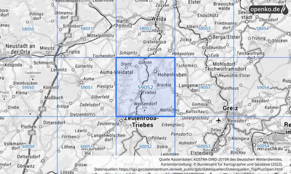 Übersichtskarte KOSTRA-DWD-2010R Rasterfeld Nr. 59052 mit angrenzenden Feldern