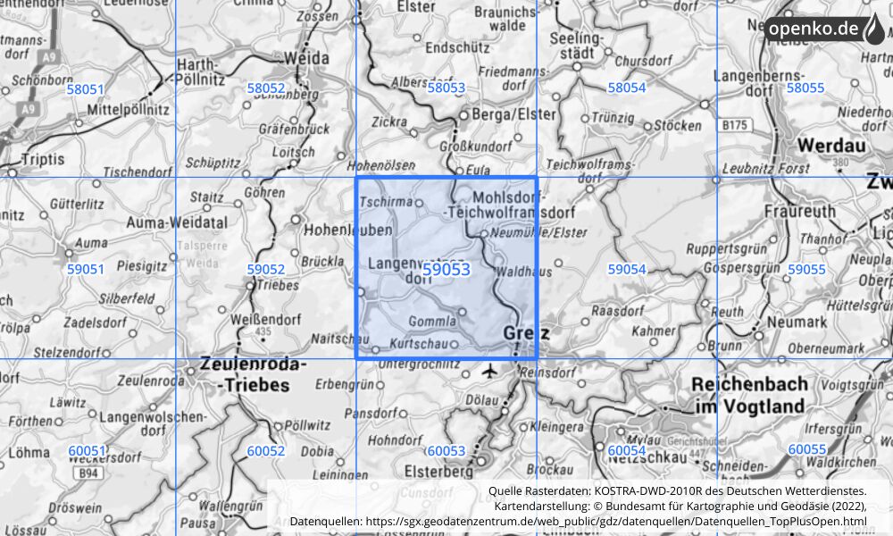 Übersichtskarte KOSTRA-DWD-2010R Rasterfeld Nr. 59053 mit angrenzenden Feldern