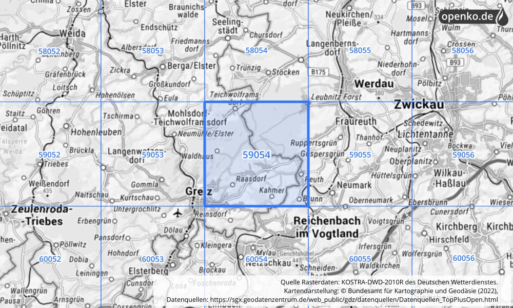 Übersichtskarte KOSTRA-DWD-2010R Rasterfeld Nr. 59054 mit angrenzenden Feldern