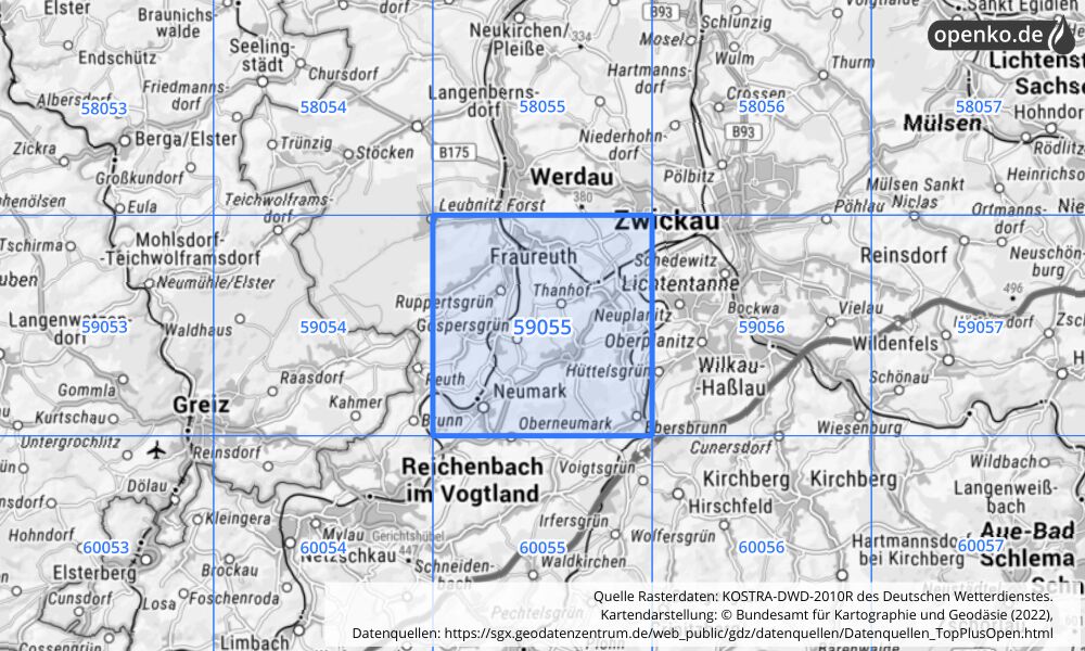 Übersichtskarte KOSTRA-DWD-2010R Rasterfeld Nr. 59055 mit angrenzenden Feldern