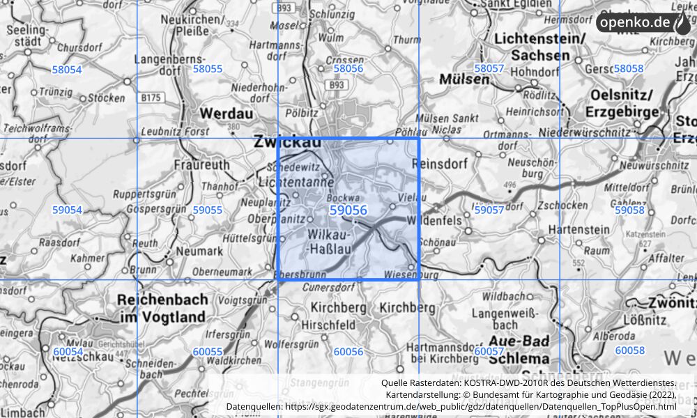 Übersichtskarte KOSTRA-DWD-2010R Rasterfeld Nr. 59056 mit angrenzenden Feldern