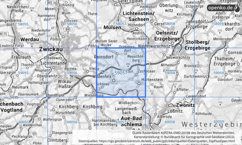Übersichtskarte KOSTRA-DWD-2010R Rasterfeld Nr. 59057 mit angrenzenden Feldern