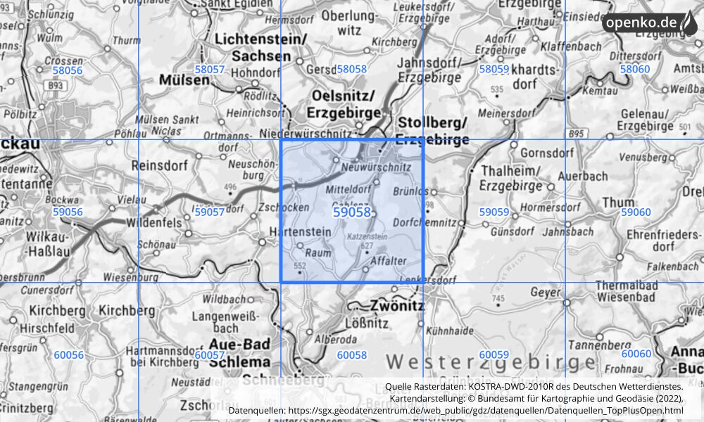 Übersichtskarte KOSTRA-DWD-2010R Rasterfeld Nr. 59058 mit angrenzenden Feldern