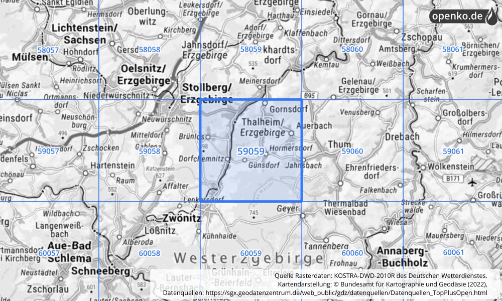 Übersichtskarte KOSTRA-DWD-2010R Rasterfeld Nr. 59059 mit angrenzenden Feldern