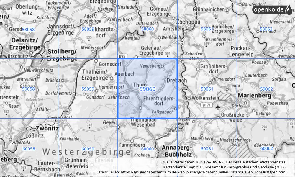 Übersichtskarte KOSTRA-DWD-2010R Rasterfeld Nr. 59060 mit angrenzenden Feldern