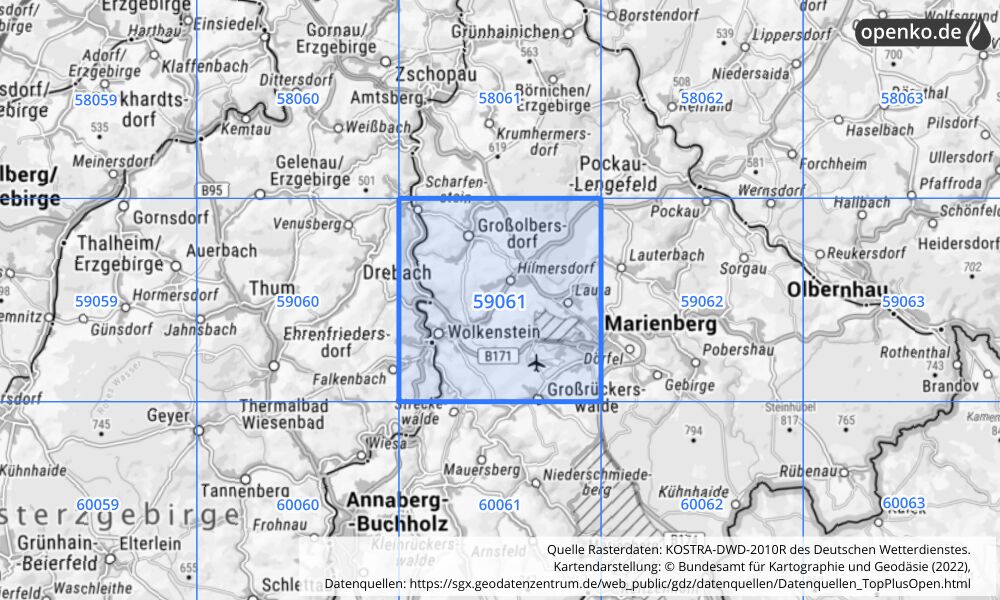 Übersichtskarte KOSTRA-DWD-2010R Rasterfeld Nr. 59061 mit angrenzenden Feldern