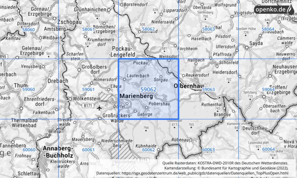 Übersichtskarte KOSTRA-DWD-2010R Rasterfeld Nr. 59062 mit angrenzenden Feldern