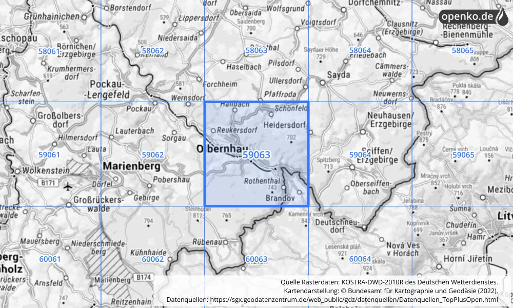 Übersichtskarte KOSTRA-DWD-2010R Rasterfeld Nr. 59063 mit angrenzenden Feldern