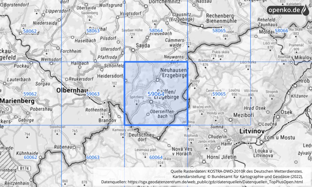 Übersichtskarte KOSTRA-DWD-2010R Rasterfeld Nr. 59064 mit angrenzenden Feldern