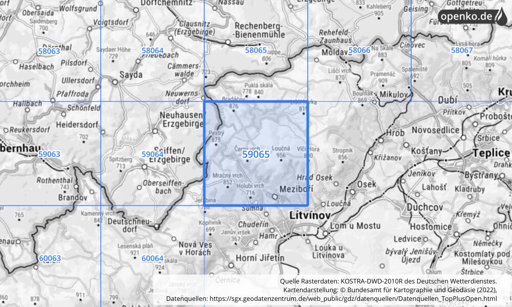 Übersichtskarte KOSTRA-DWD-2010R Rasterfeld Nr. 59065 mit angrenzenden Feldern