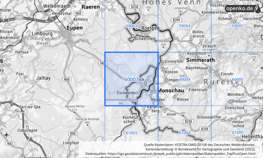 Übersichtskarte KOSTRA-DWD-2010R Rasterfeld Nr. 60003 mit angrenzenden Feldern