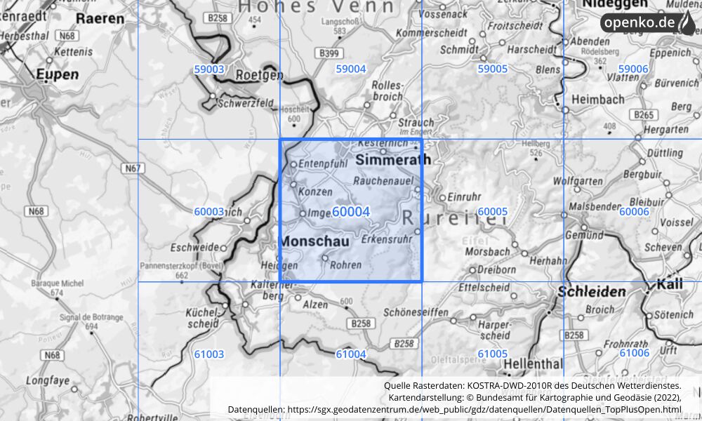 Übersichtskarte KOSTRA-DWD-2010R Rasterfeld Nr. 60004 mit angrenzenden Feldern