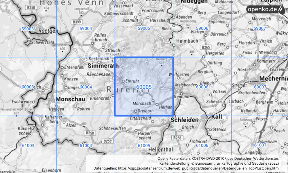 Übersichtskarte KOSTRA-DWD-2010R Rasterfeld Nr. 60005 mit angrenzenden Feldern