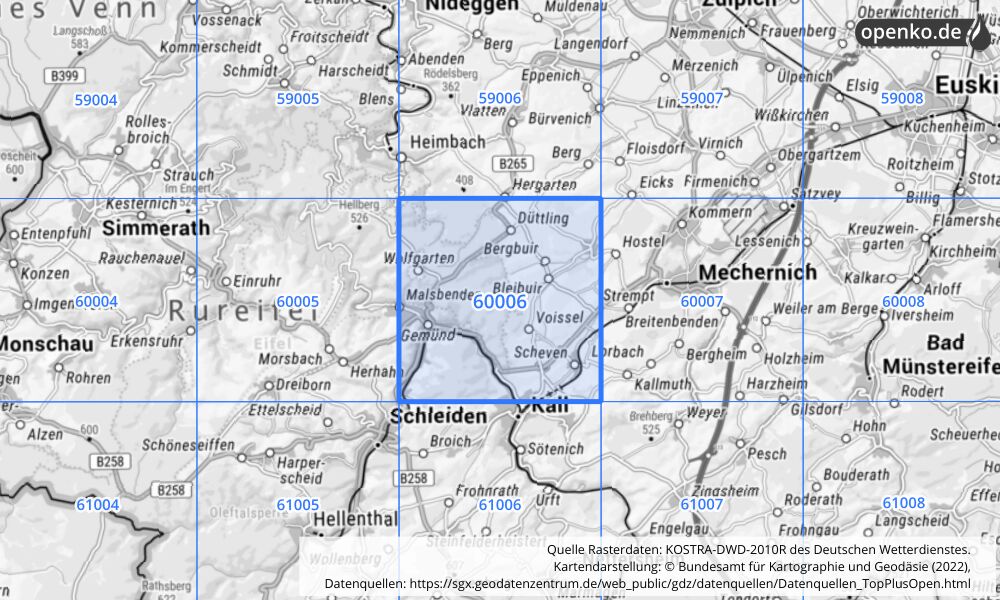 Übersichtskarte KOSTRA-DWD-2010R Rasterfeld Nr. 60006 mit angrenzenden Feldern