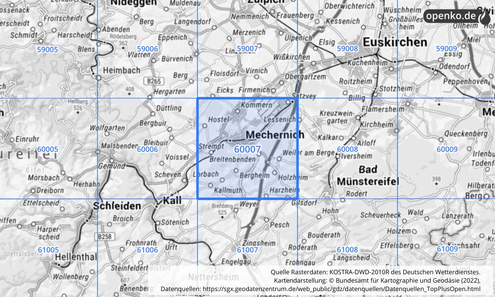 Übersichtskarte KOSTRA-DWD-2010R Rasterfeld Nr. 60007 mit angrenzenden Feldern