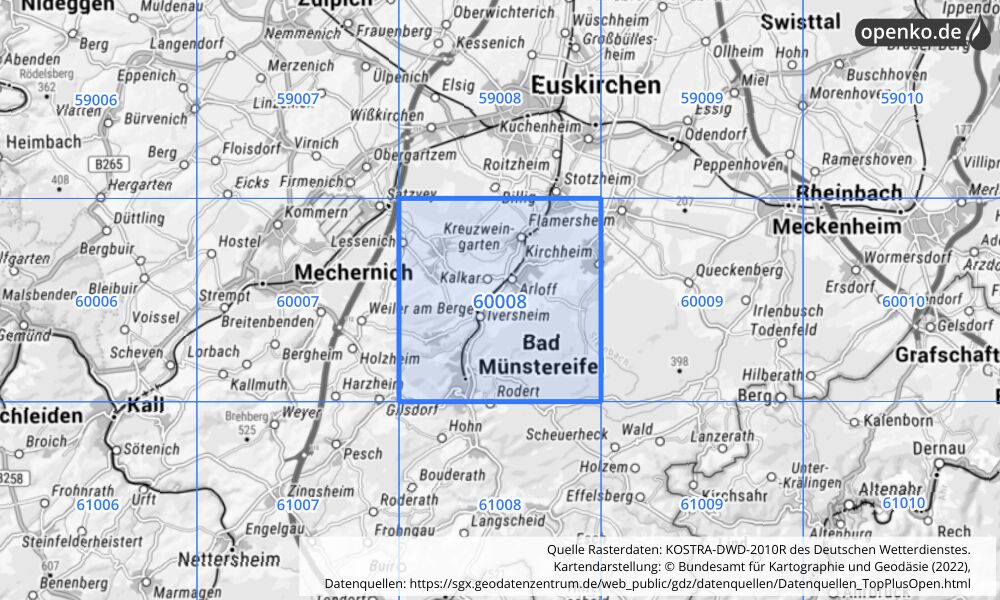 Übersichtskarte KOSTRA-DWD-2010R Rasterfeld Nr. 60008 mit angrenzenden Feldern