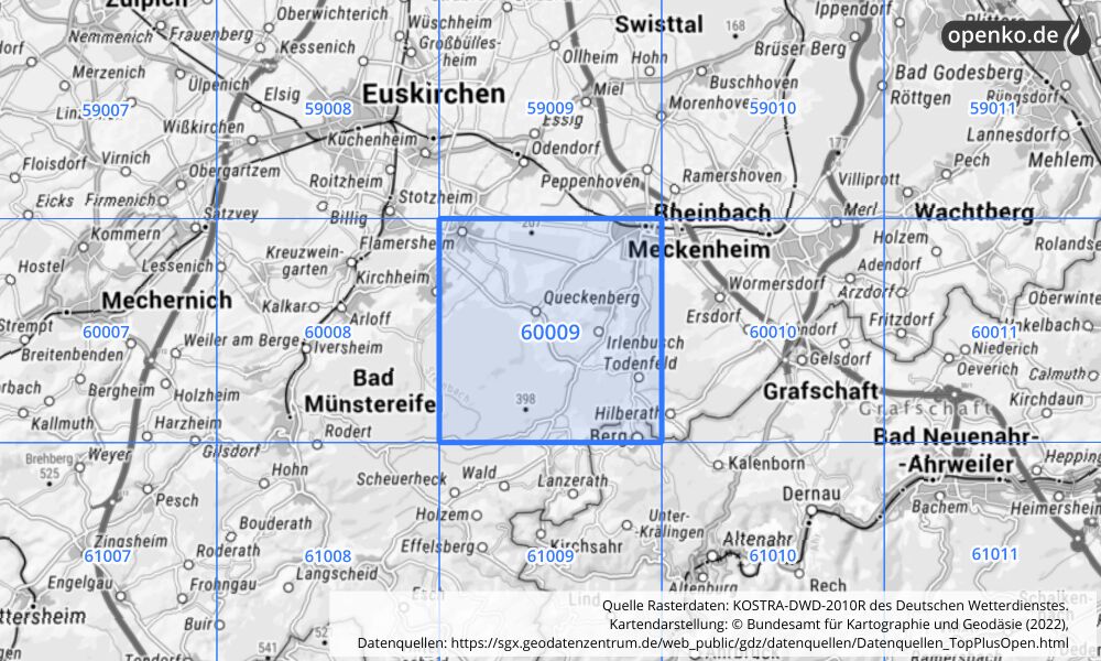 Übersichtskarte KOSTRA-DWD-2010R Rasterfeld Nr. 60009 mit angrenzenden Feldern