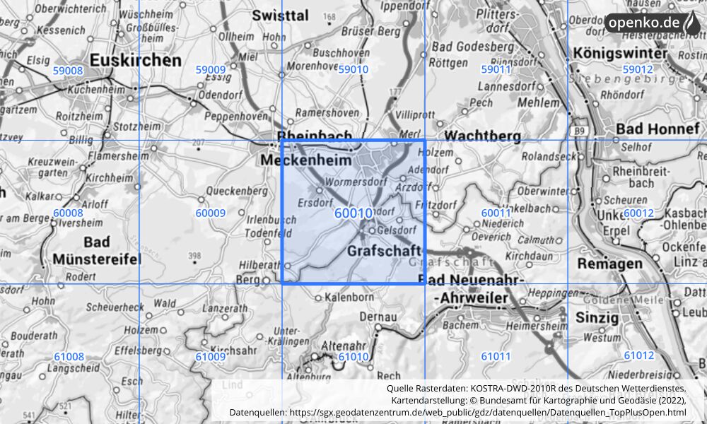 Übersichtskarte KOSTRA-DWD-2010R Rasterfeld Nr. 60010 mit angrenzenden Feldern