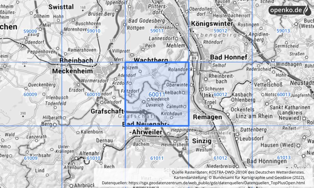 Übersichtskarte KOSTRA-DWD-2010R Rasterfeld Nr. 60011 mit angrenzenden Feldern