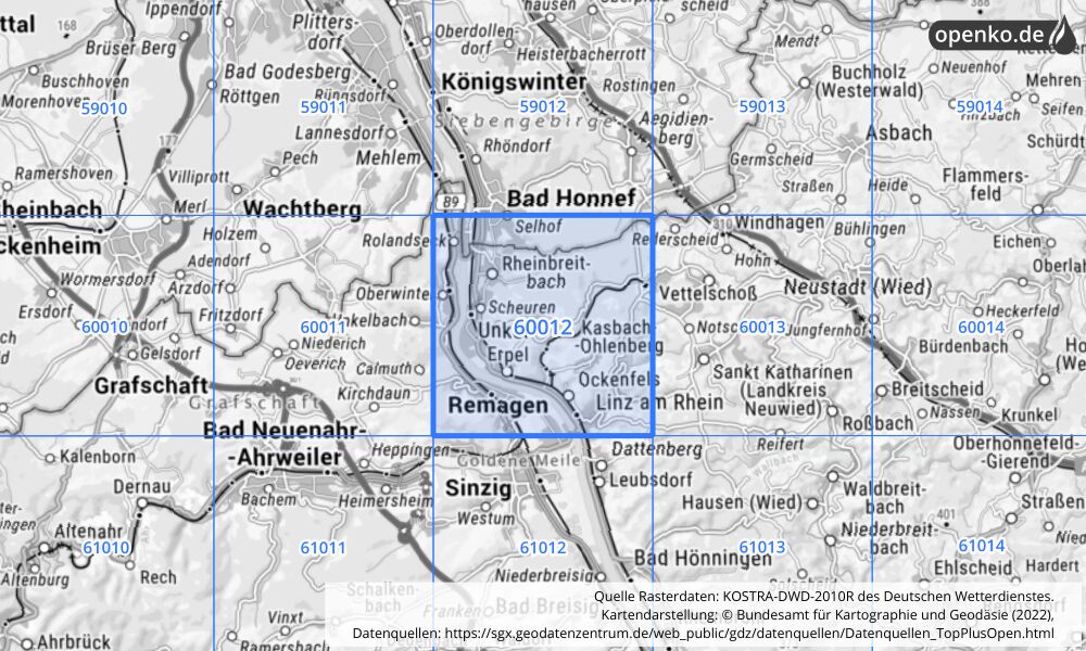 Übersichtskarte KOSTRA-DWD-2010R Rasterfeld Nr. 60012 mit angrenzenden Feldern