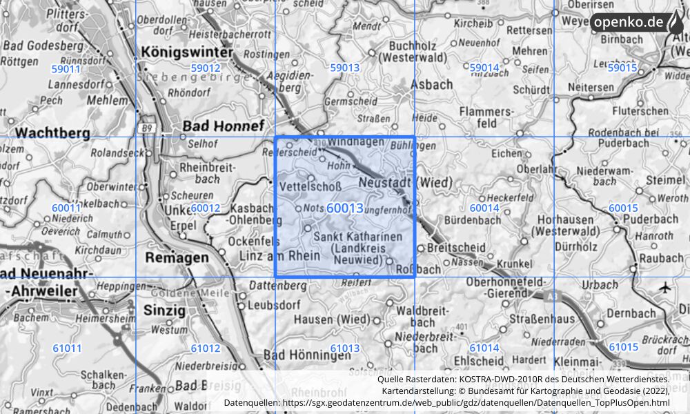 Übersichtskarte KOSTRA-DWD-2010R Rasterfeld Nr. 60013 mit angrenzenden Feldern